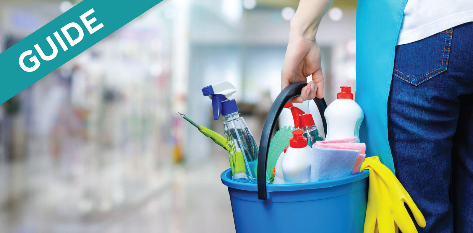 Guide to RV dumping tools and cleaning supplies in a blue bucket.