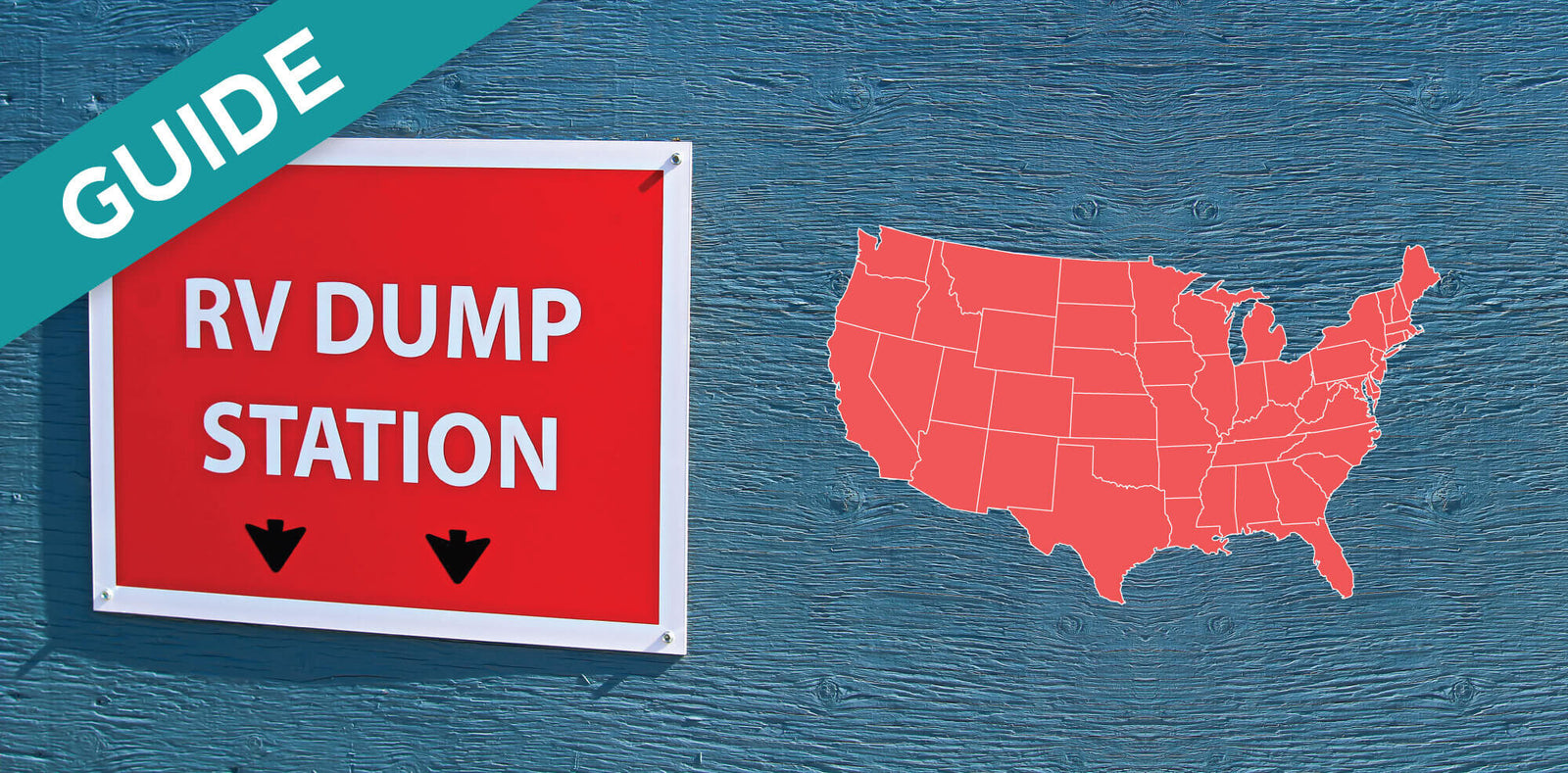 Guide to RV dump stations across the USA with an RV dump station sign.