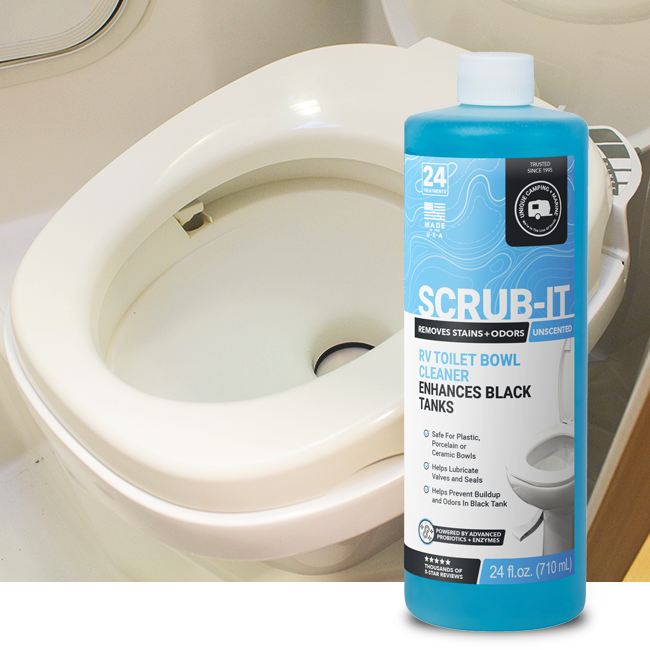 Scrub-It RV toilet bowl cleaner bottle in front of a white RV toilet.