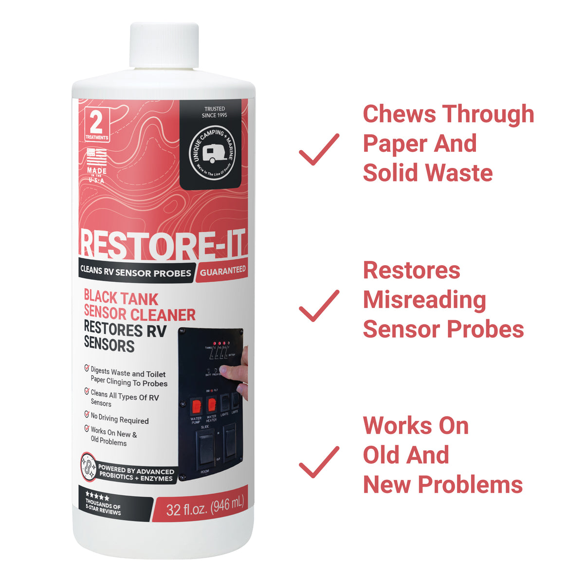 Restore-It black tank sensor cleaner bottle with features listed on a white background