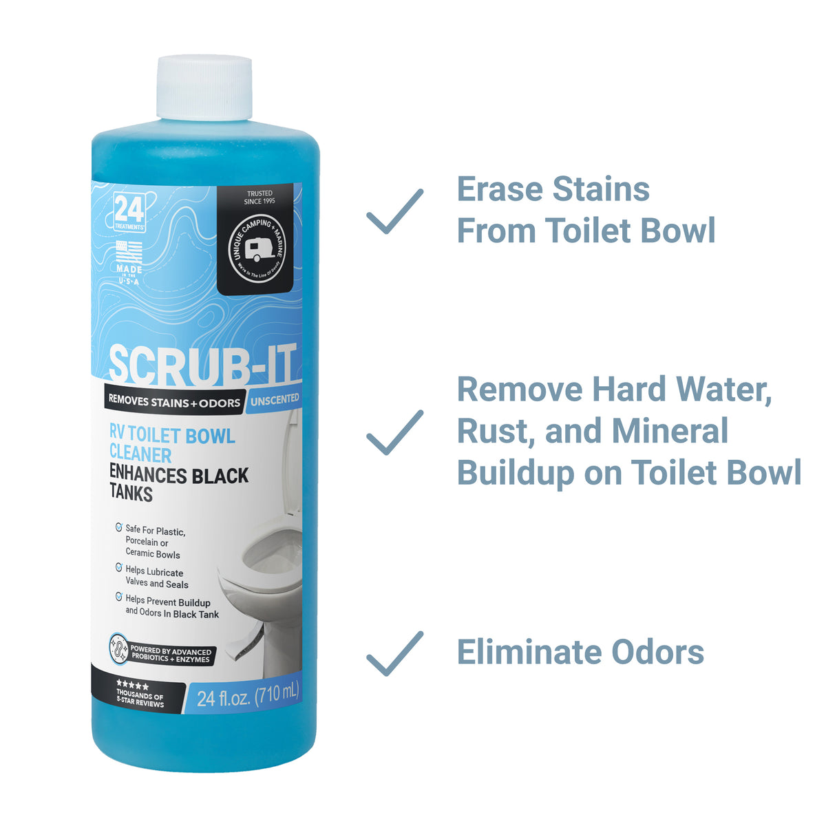 Blue bottle of SCRUB-IT RV toilet bowl cleaner with full features and benefits white background