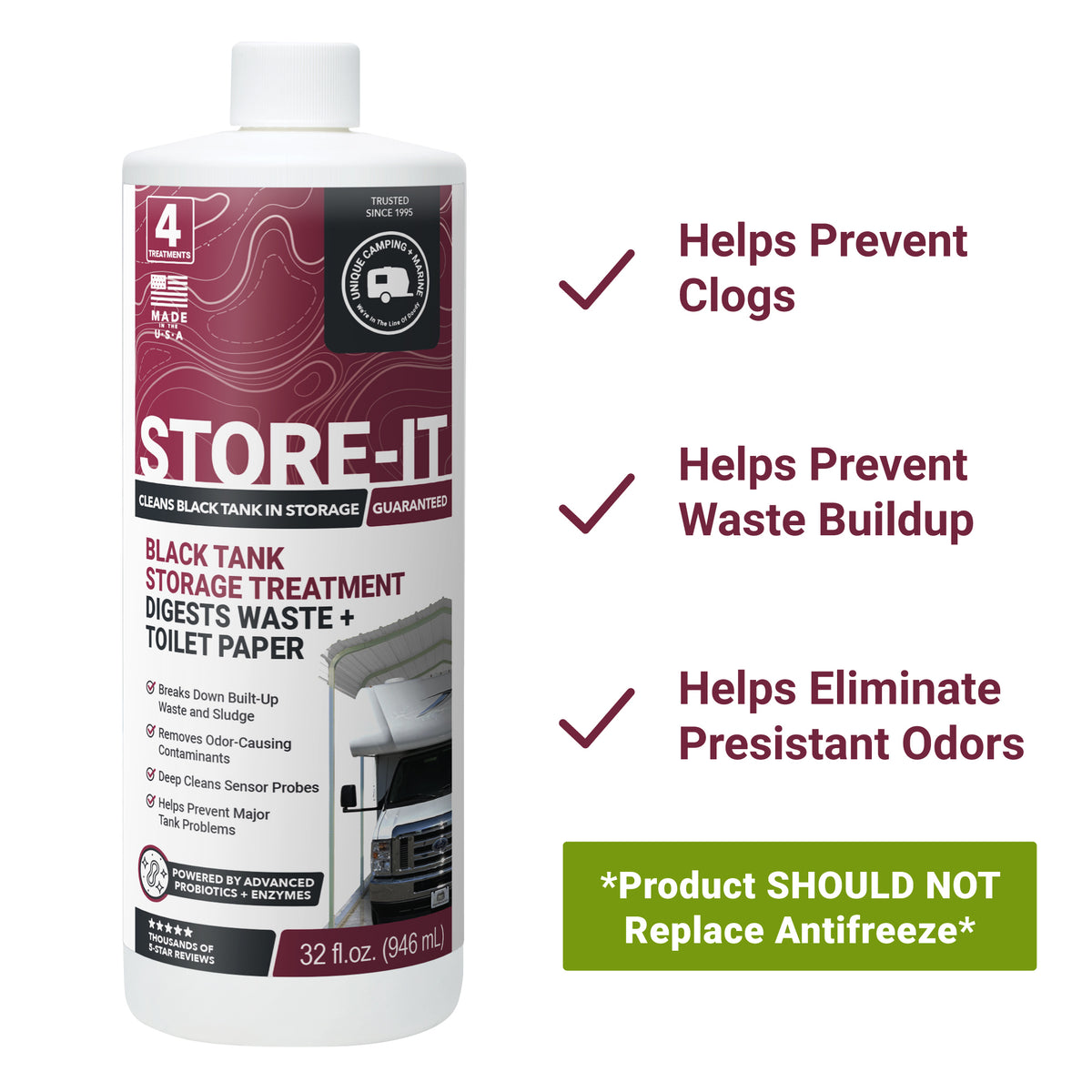 Store-It black tank storage treatment bottle with benefits listed on a white background