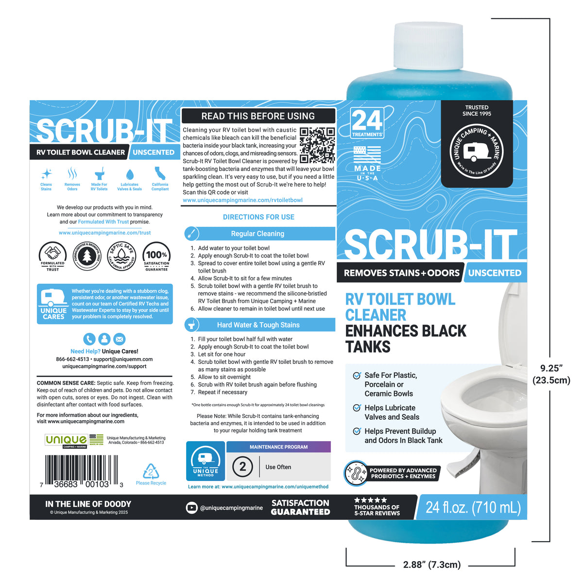 Scrub-It RV Toilet Bowl Cleaner packaging with product details and usage instructions.