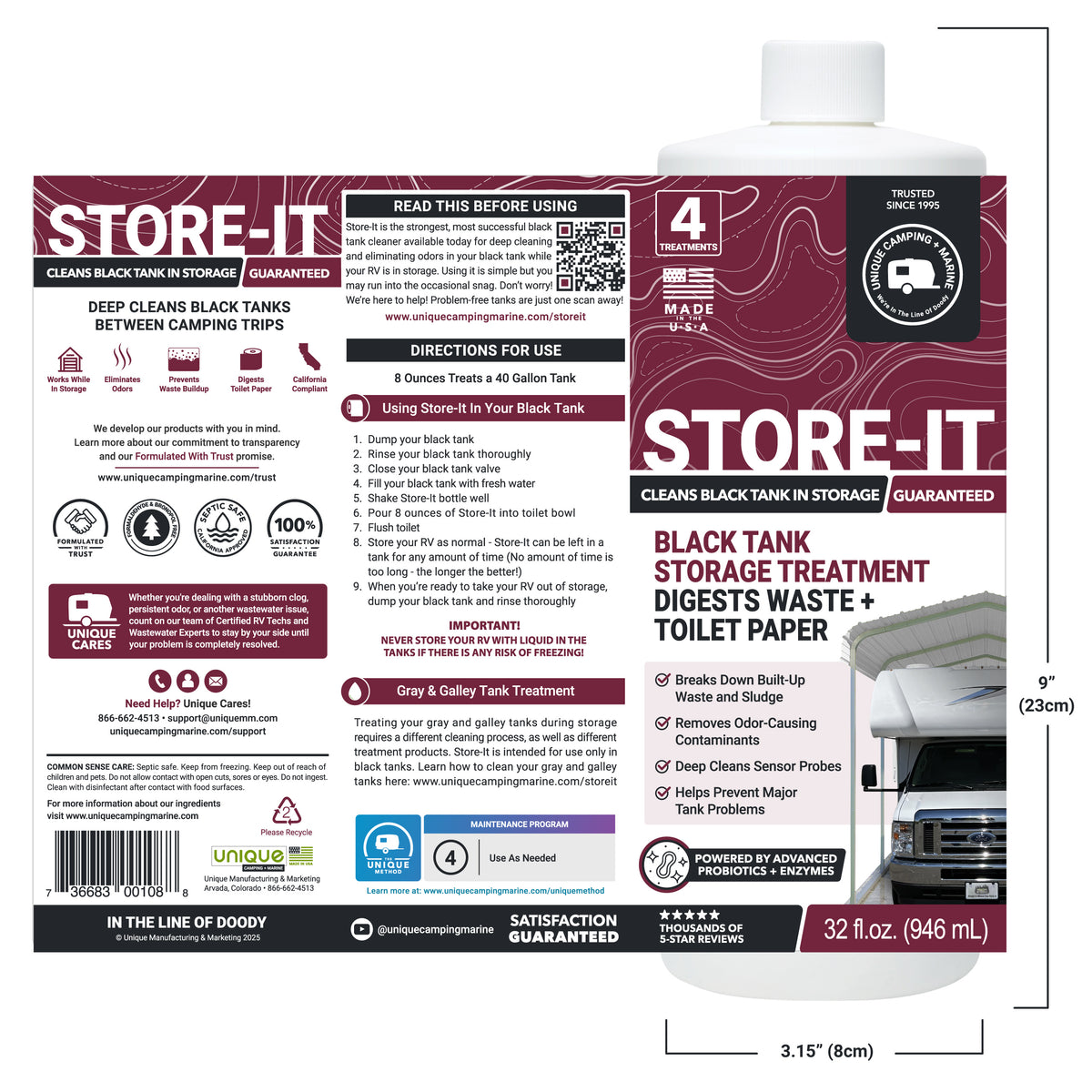 Store-It black tank storage treatment packaging with label and dimensions.