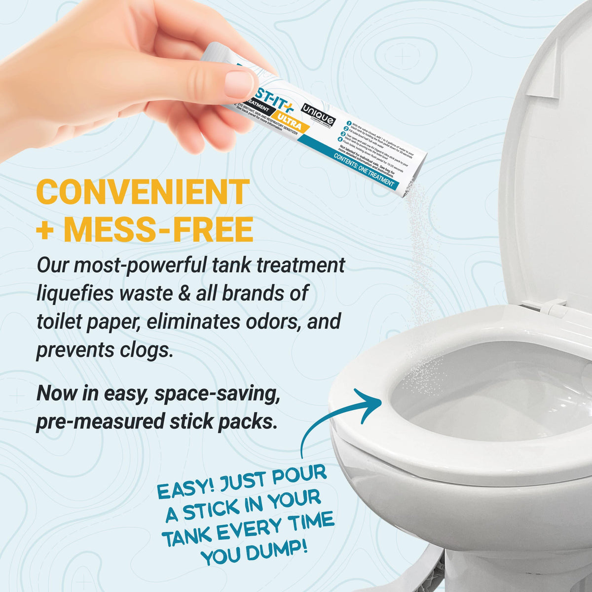 RV Digest-It Ultra stick pack being poured into a toilet bowl for convenient, mess-free tank treatment.