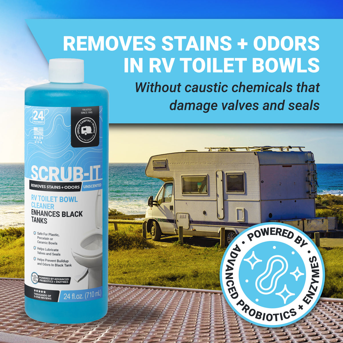 Scrub-It RV toilet bowl cleaner bottle with an RV by the ocean in the background