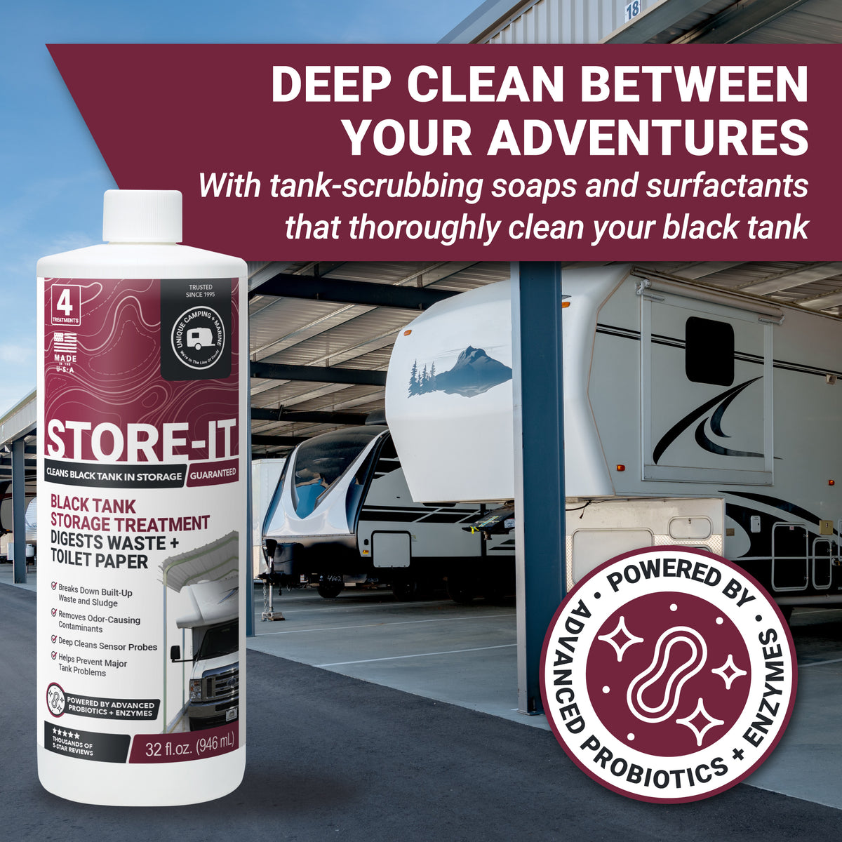 Store-It black tank storage treatment bottle with an RV in the background
