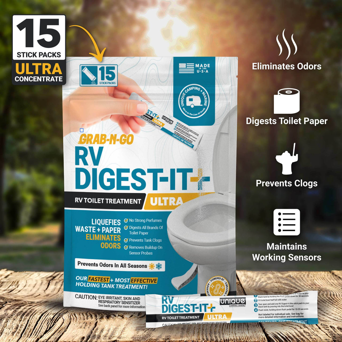 RV Digest-It Ultra stick packs for RV toilet treatment, eliminating odors and breaking down waste.