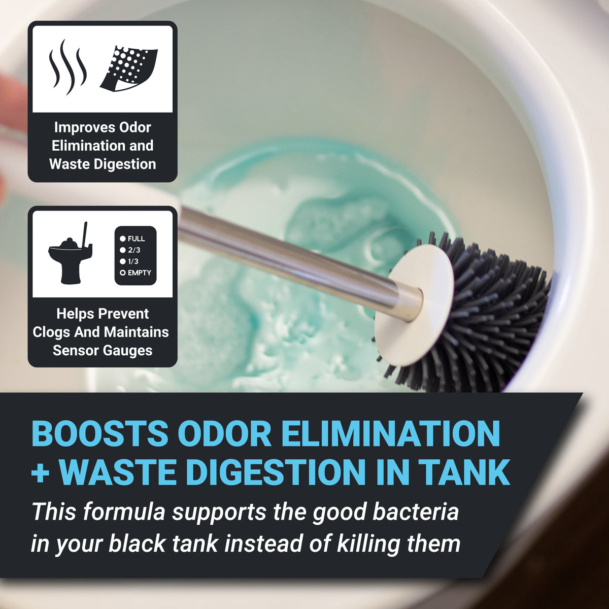 Cleaning brush with text about odor elimination and waste digestion in a tank.