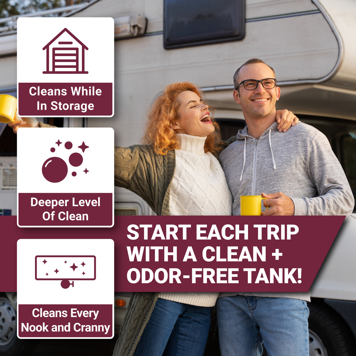 Couple standing next to an RV with Store-It features and benefits.