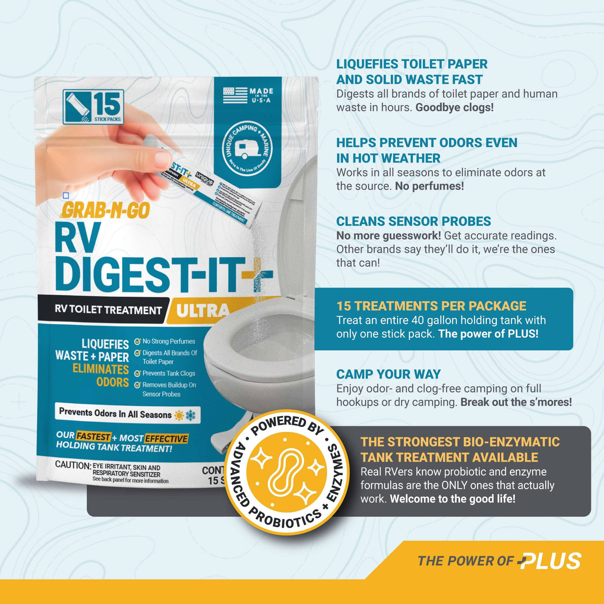 RV Digest-It Ultra stick packs for RV toilet treatment, showing 15 treatments per package.