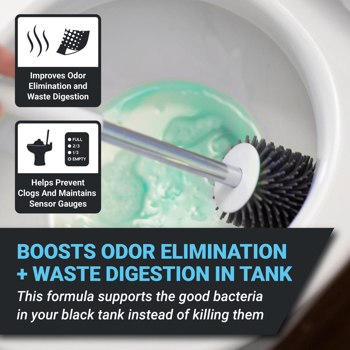 Cleaning brush with green liquid in a tank, promoting odor elimination and waste digestion.