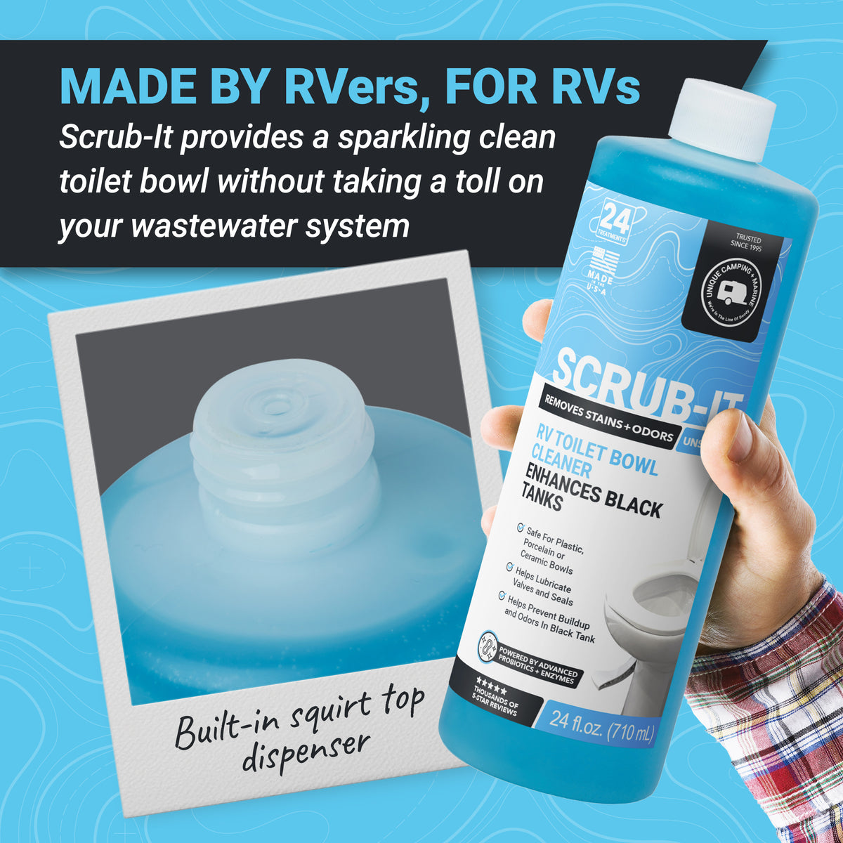 RV toilet bowl cleaner with packaging and text on a blue background