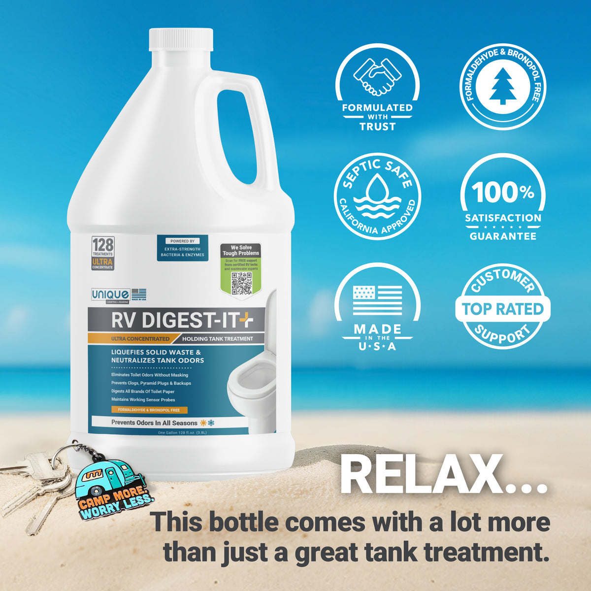 Formulated with trust, Septic Safe, 100% Satisfaction Guaranteed, Made in the USA, Free of Formaldehyde & Bronopol