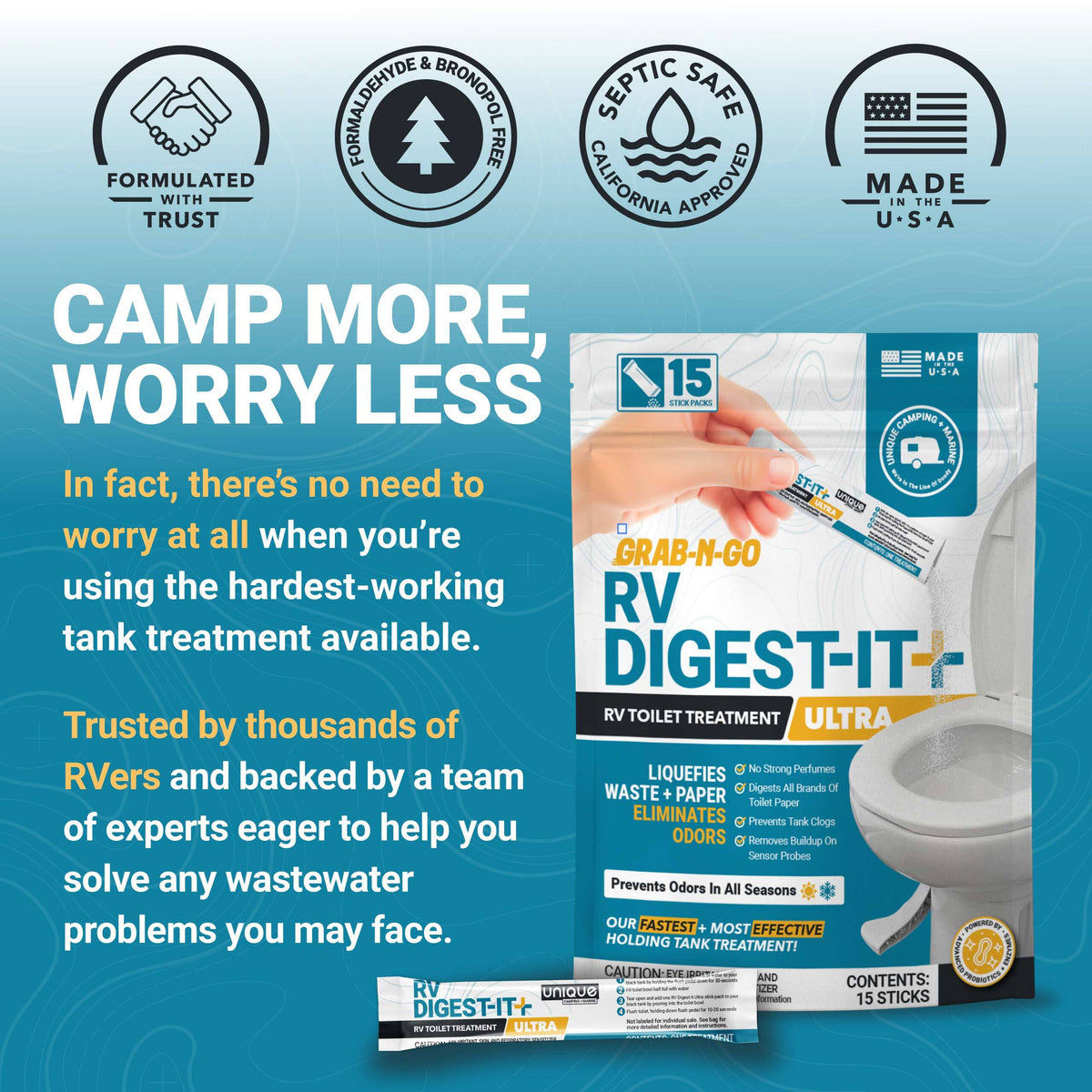 RV Digest-It Ultra RV toilet treatment stick packs in a box with product details and benefits.