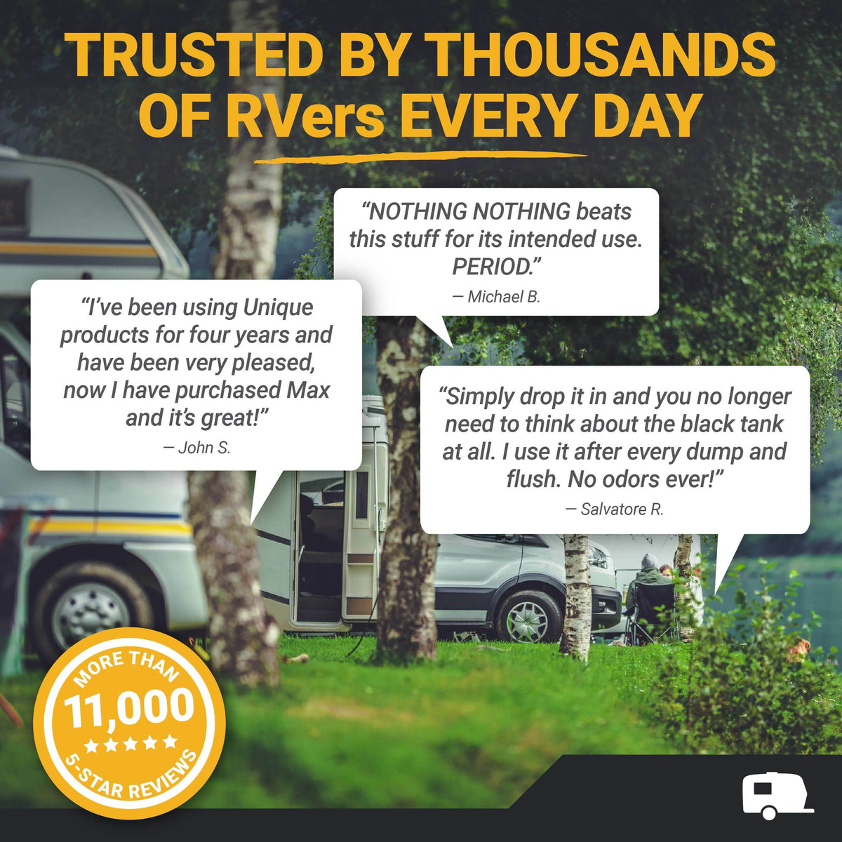 Advertisement for RV products with customer testimonials and a scenic background.