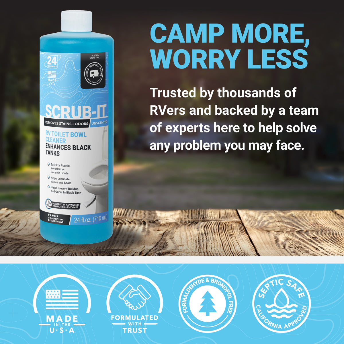 Scrub-It RV toilet bowl cleaner bottle on a picnic table, camp more, worry less.