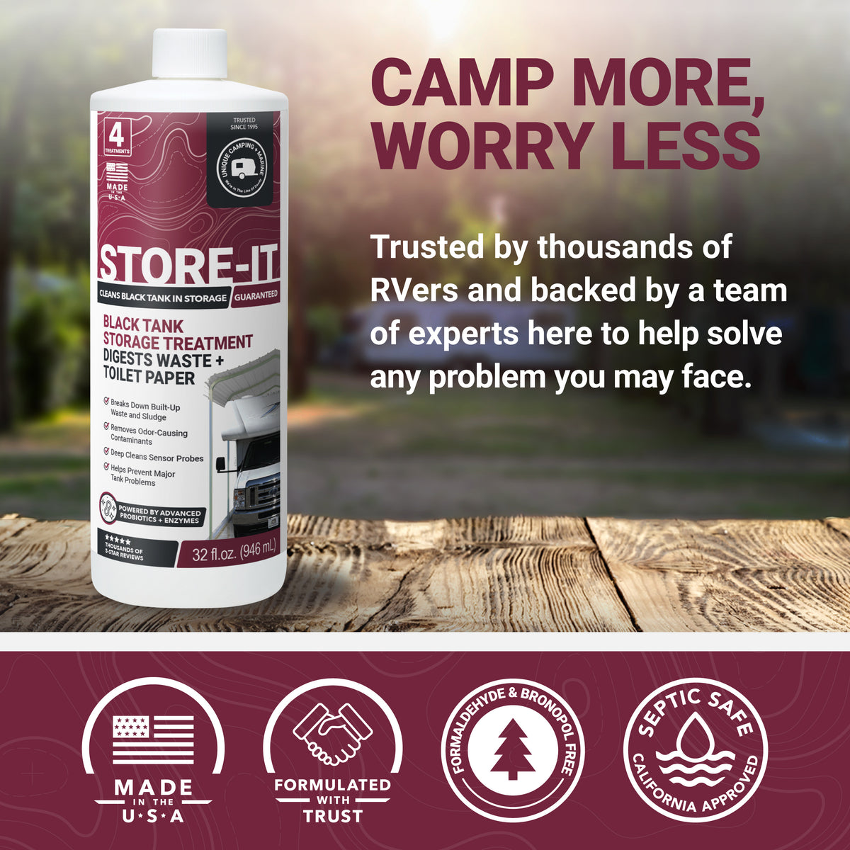Store-It black tank storage treatment bottle on a picnic table with an outdoor background