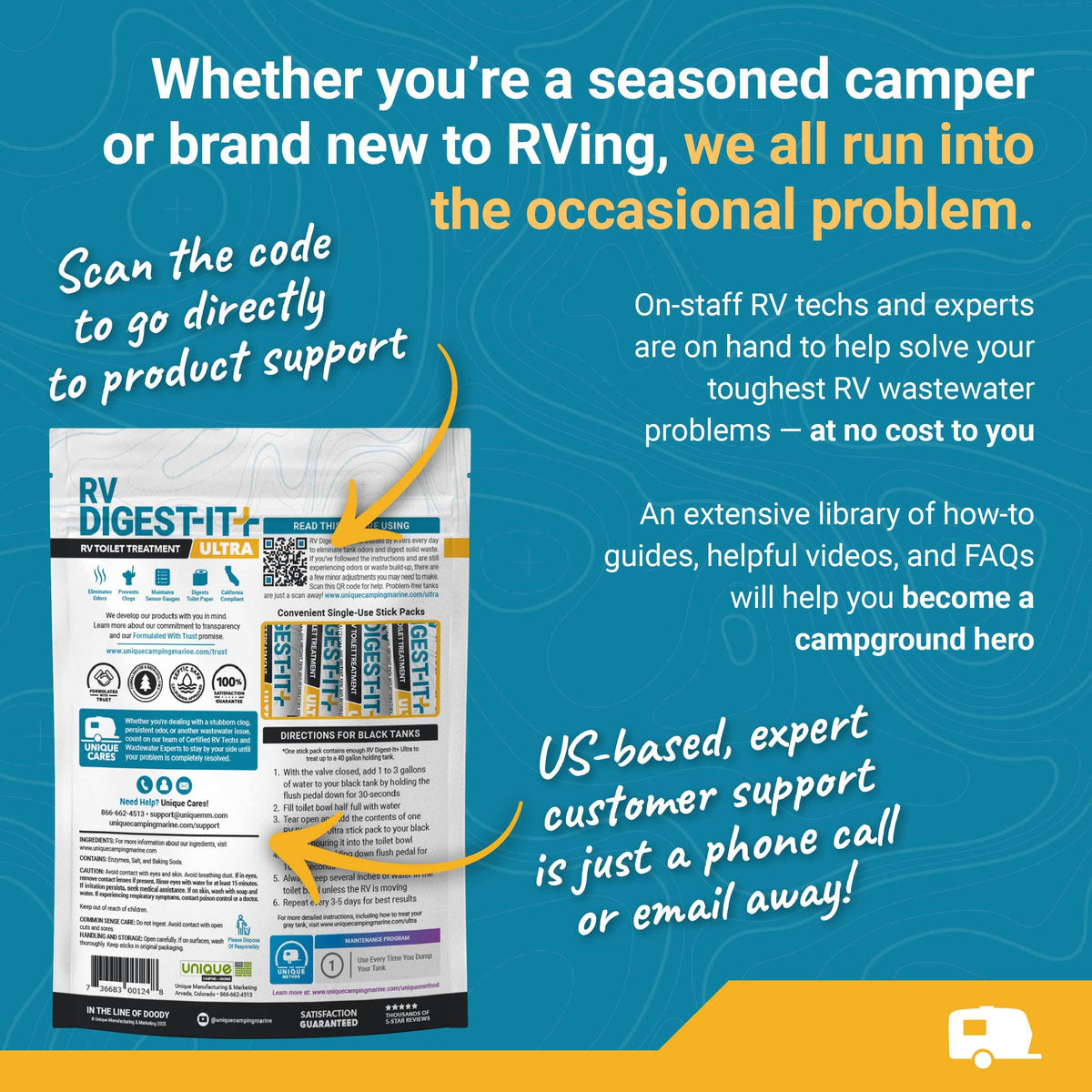 RV Digest-It Ultra RV Toilet Treatment stick packs in packaging with instructions and product benefits.