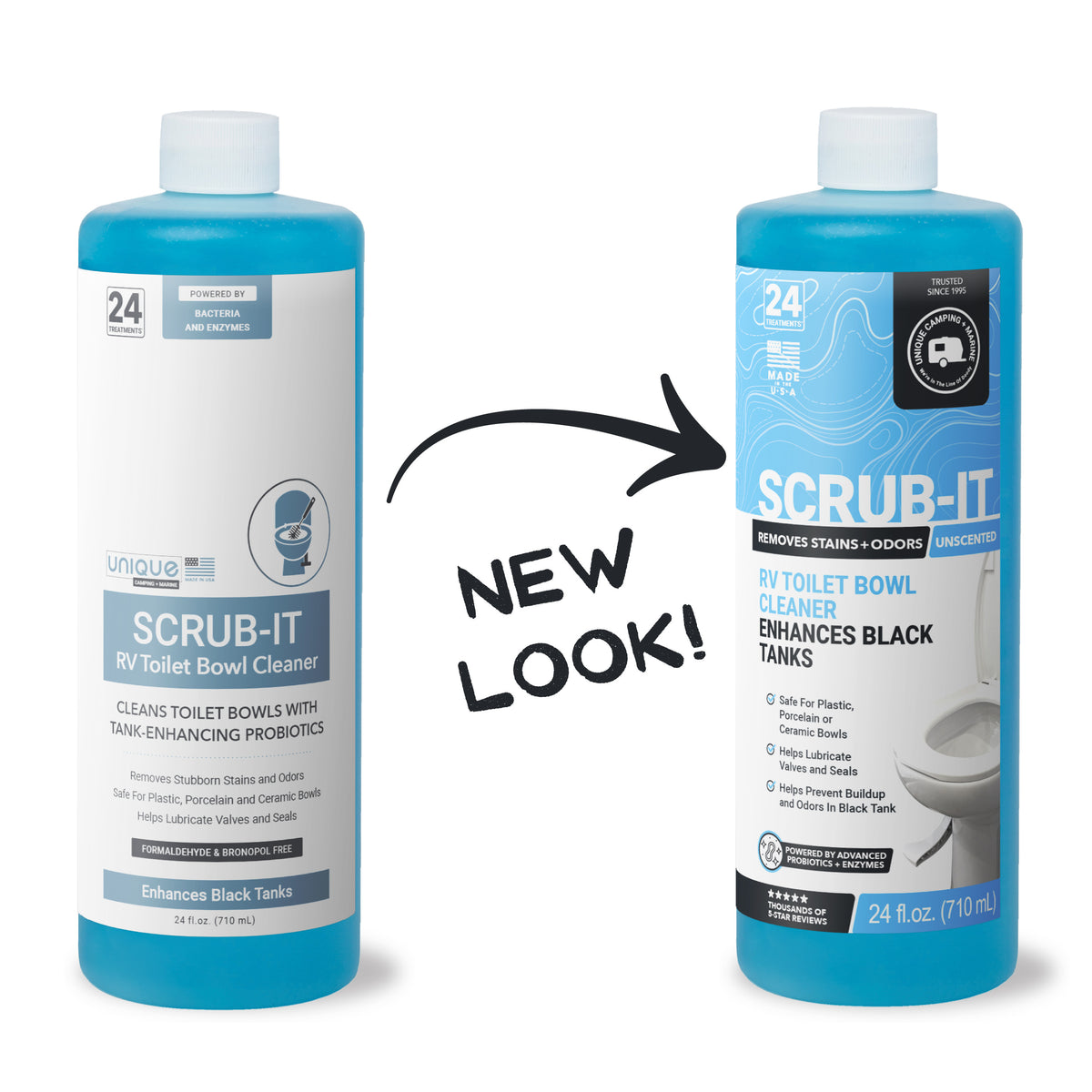 Two bottles of Scrub-It RV toilet bowl cleaner with a 'New Look!' on a white background.