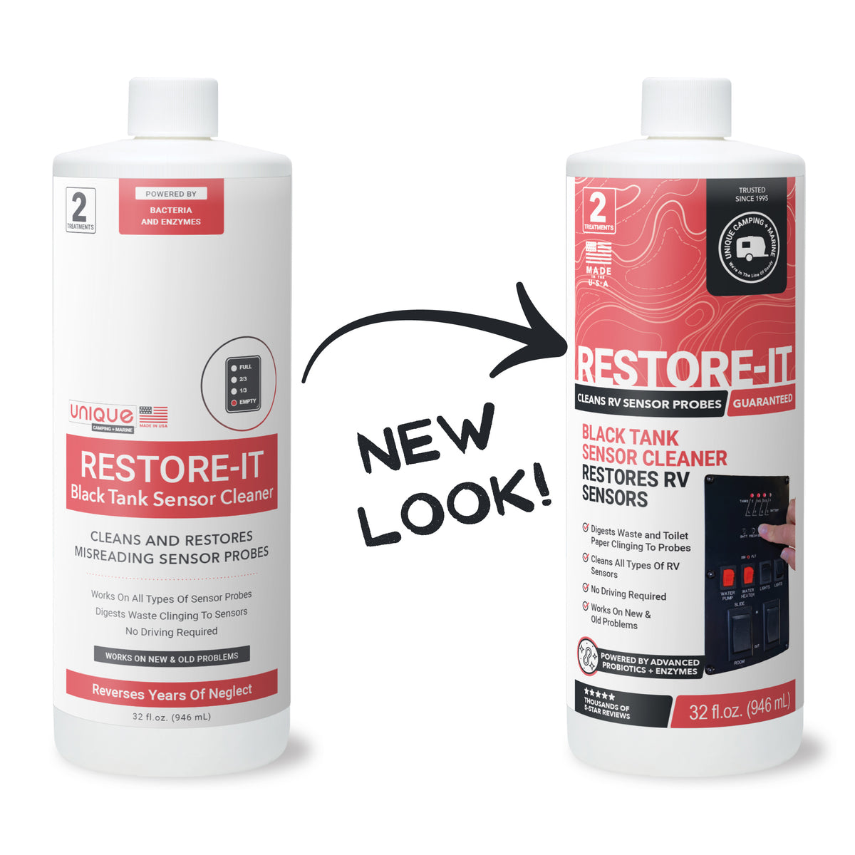 Two bottles of 'Restore-It' Black Tank Sensor Cleaner with a new look label on a white background.