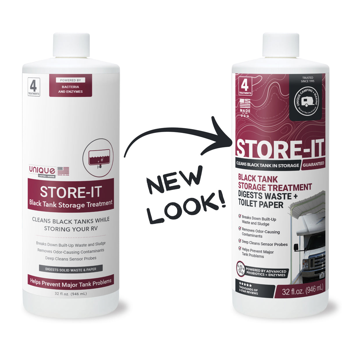 Two bottles of 'Store-It' black tank storage treatment with a new look label on a white background.