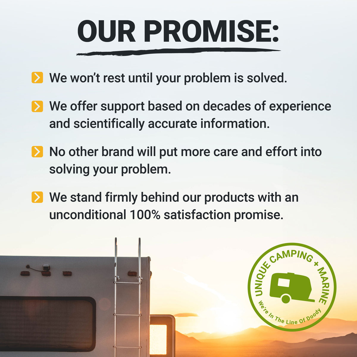 Promotional text about Unique Camping + Marine's commitment to solving problems and providing support, with a sunset over a camper in the background.