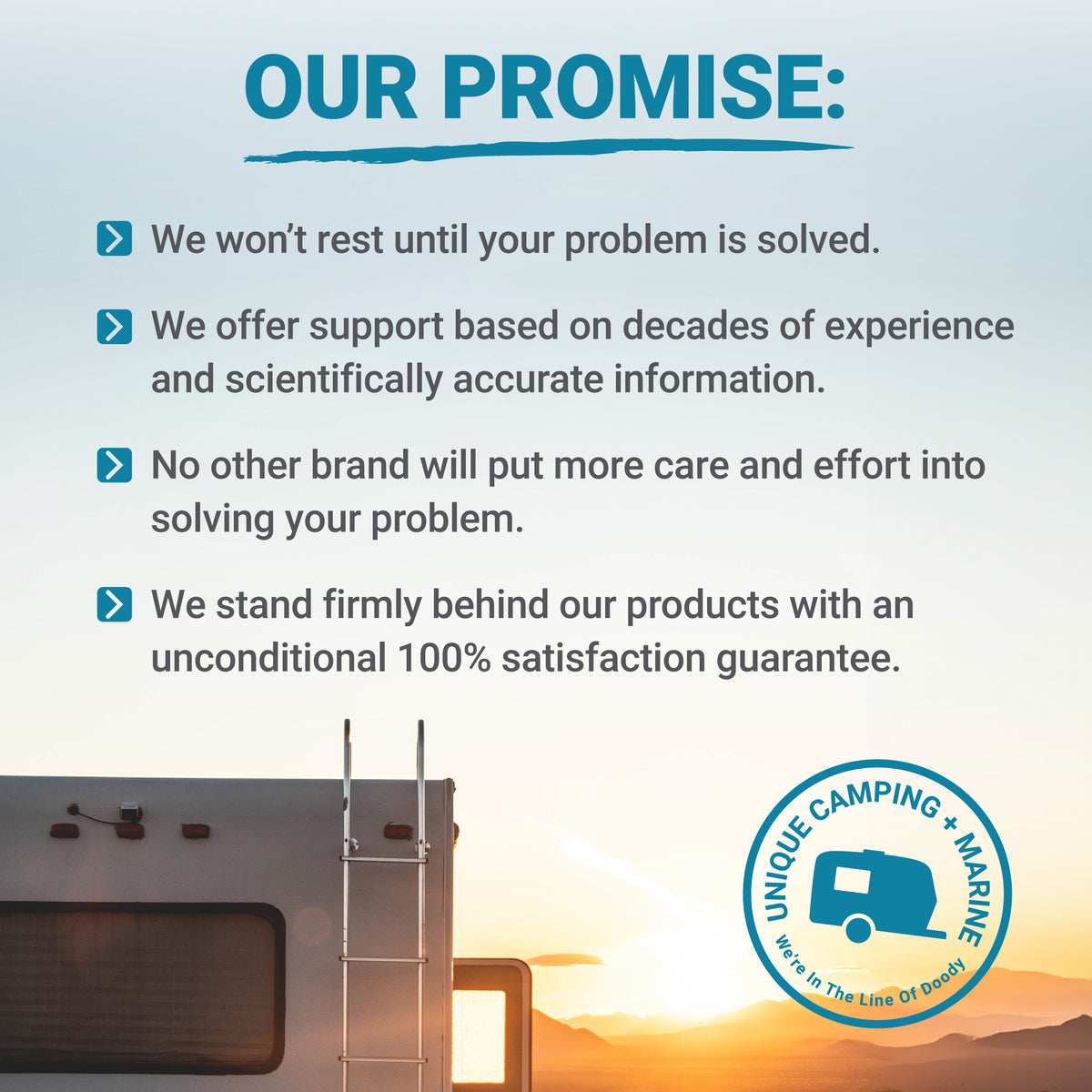 Our Promise, RV Driving into a sunset. Unique Camping + Marine Logo