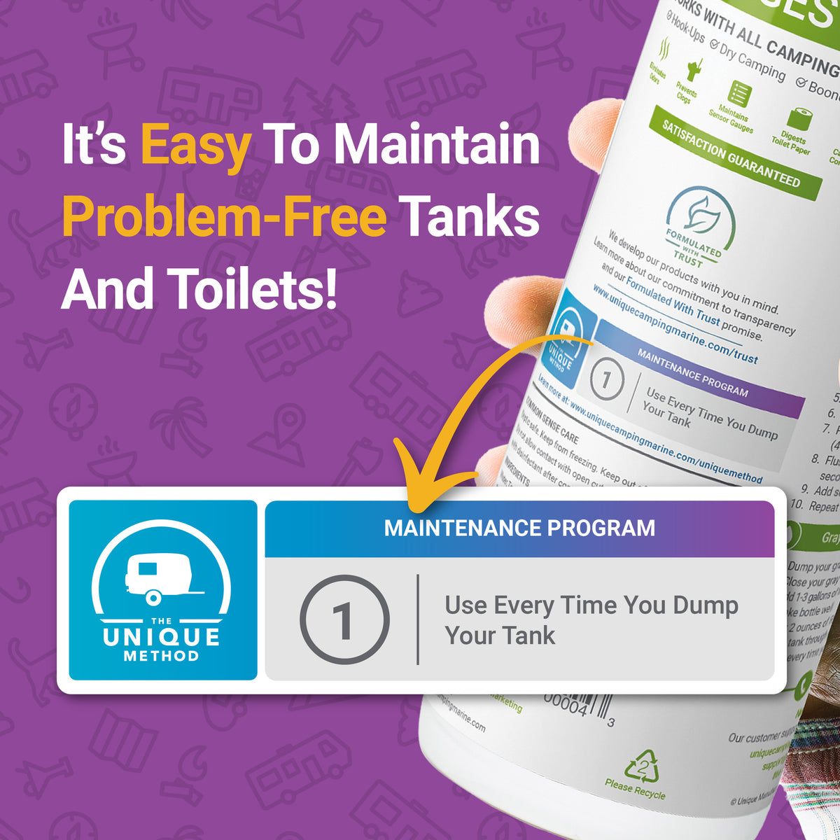 RV Digest-It+ holding tank treatment bottle with maintenance program instructions.