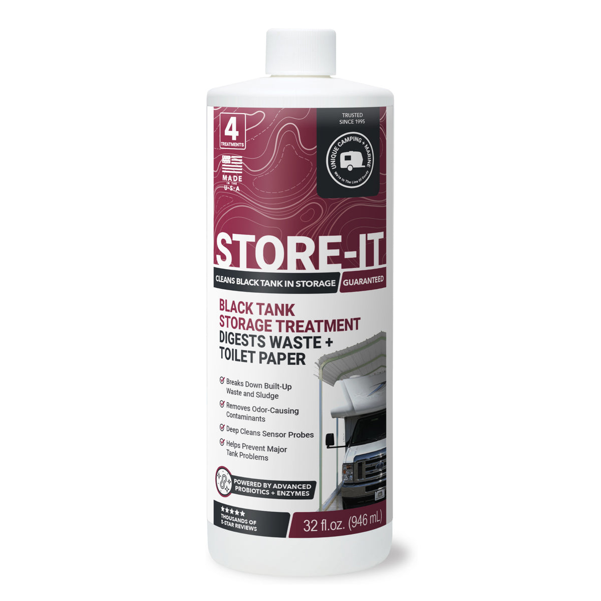 Store-It black tank storage treatment bottle on a white background