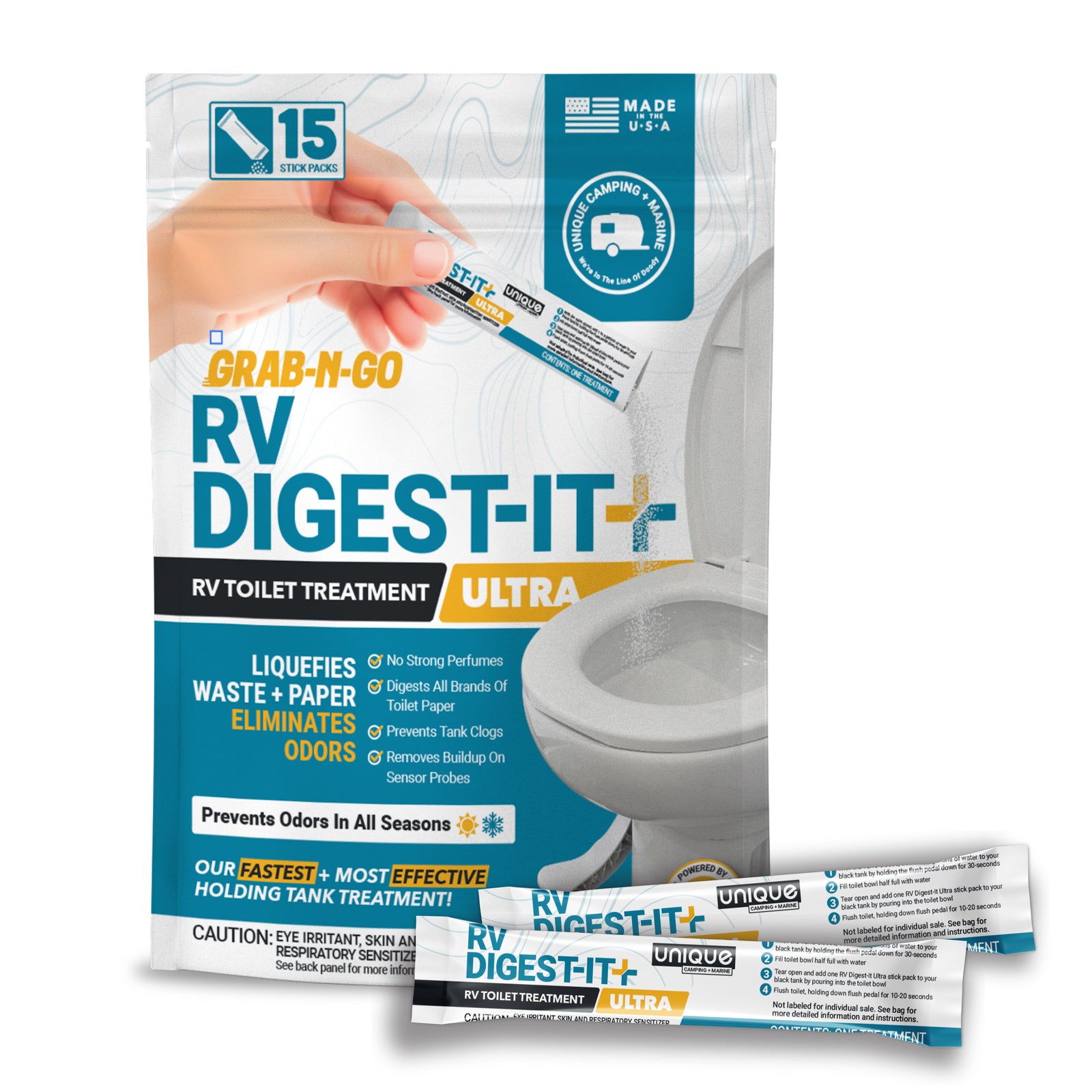RV Digest-It+ Ultra Grab-N-Go RV toilet treatment packaging with a hand holding a packet.