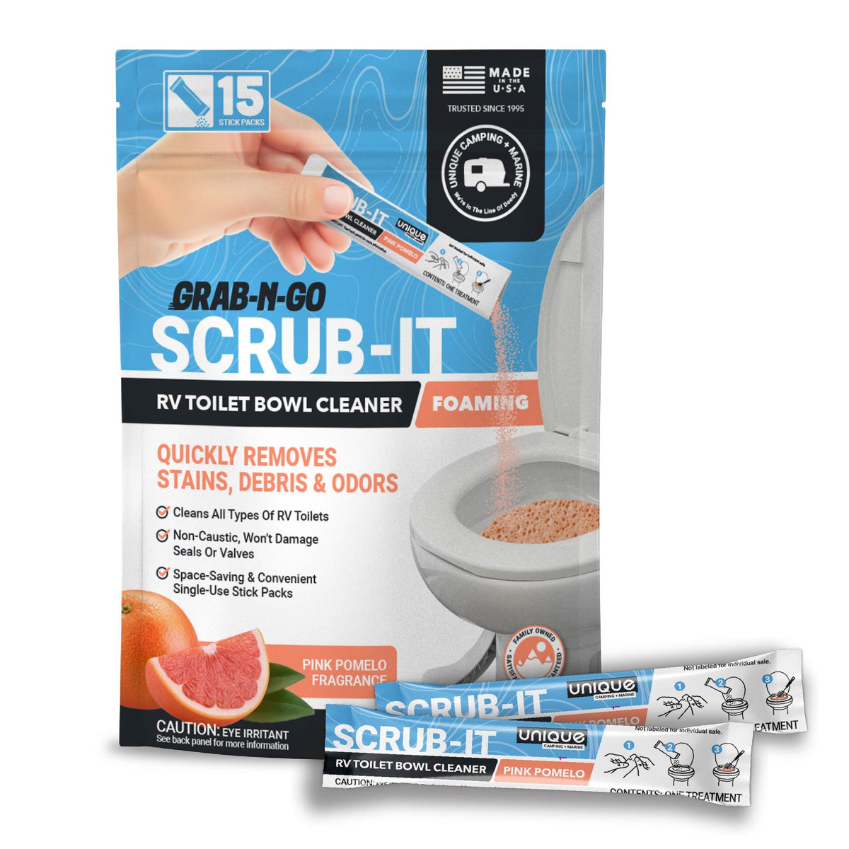 RV toilet bowl cleaner packaging with a hand holding a packet and a close-up of the cleaner.