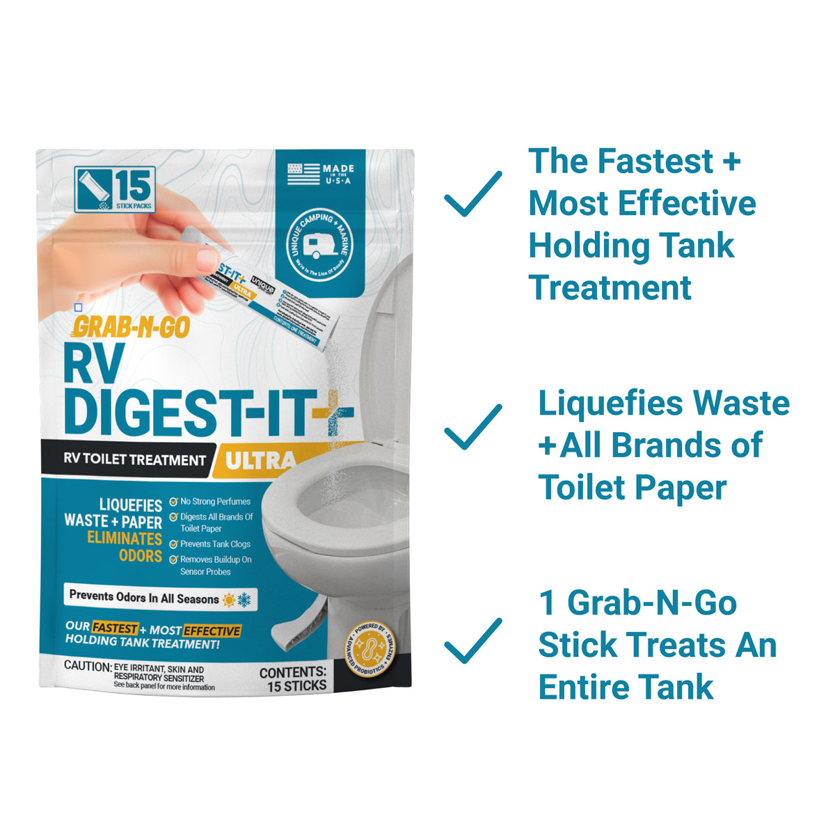 RV Digest-It Ultra RV toilet treatment stick packs next to an RV toilet. Made in USA.
