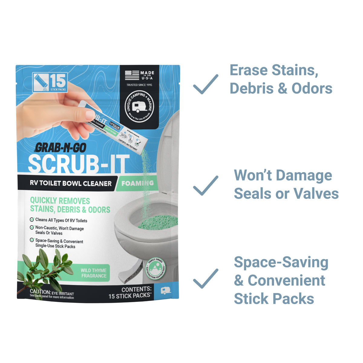 RV toilet bowl cleaner packaging with features listed on a white background
