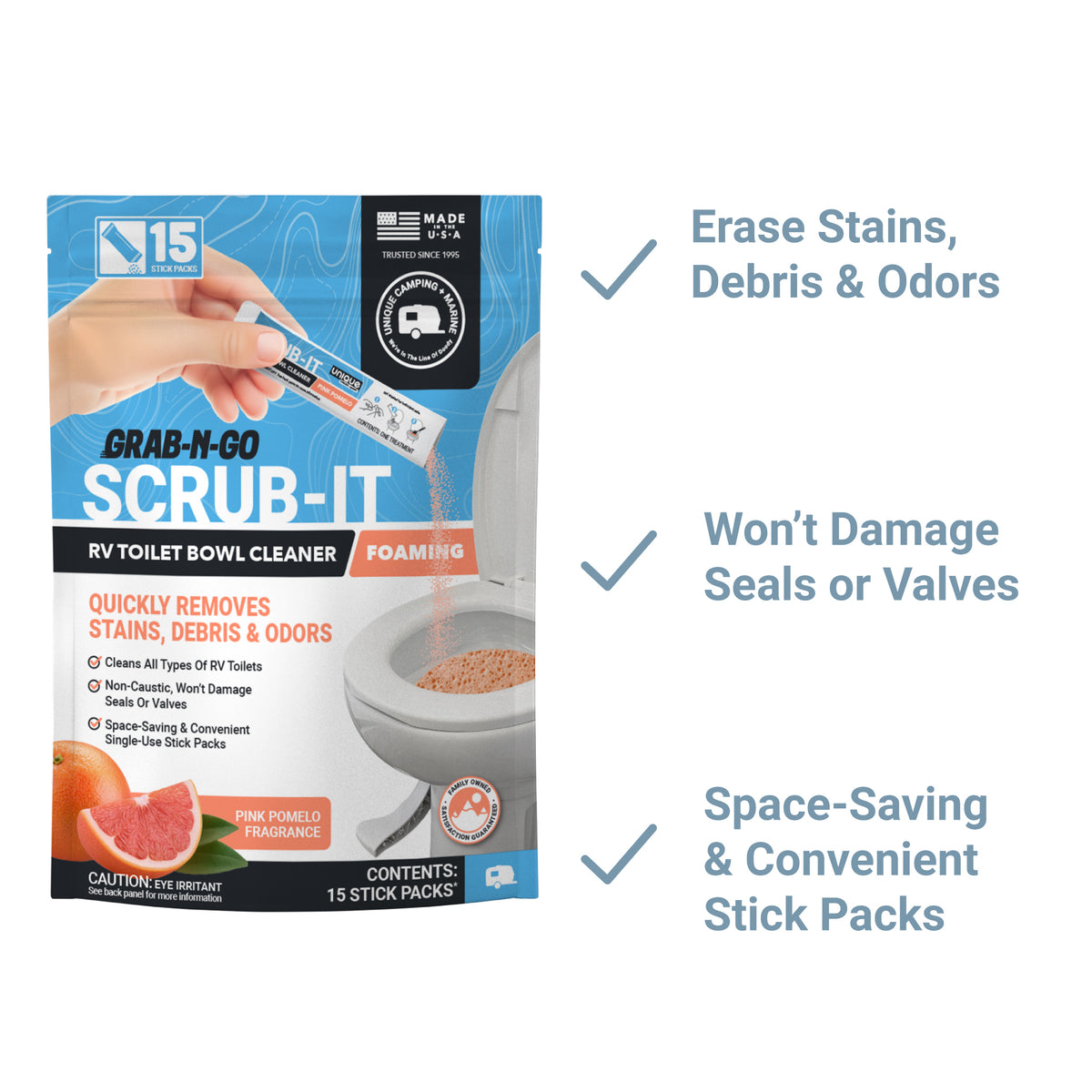 RV toilet bowl cleaner packaging with features listed on a white background
