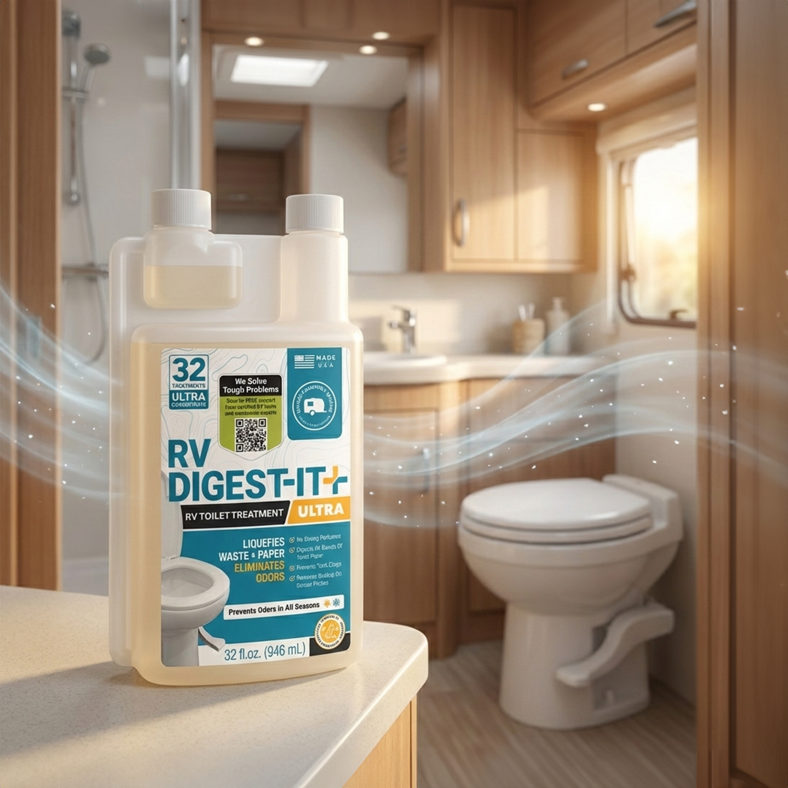 RV Digest-It Ultra toilet treatment in an RV bathroom