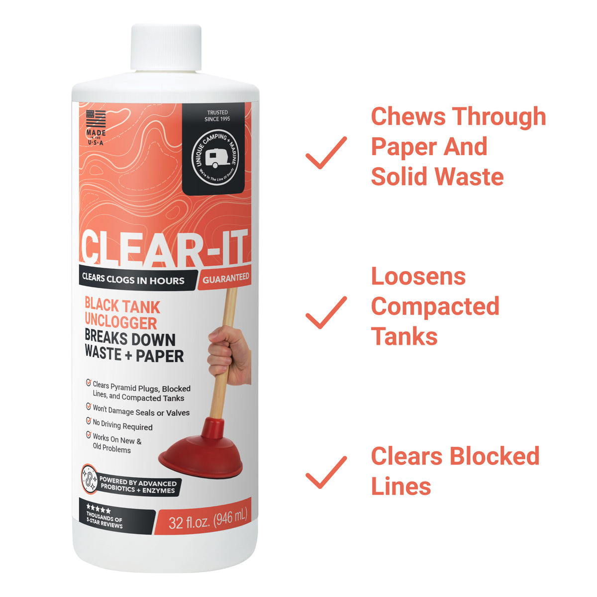 Clear-It black tank unclogger bottle with features listed on a white background