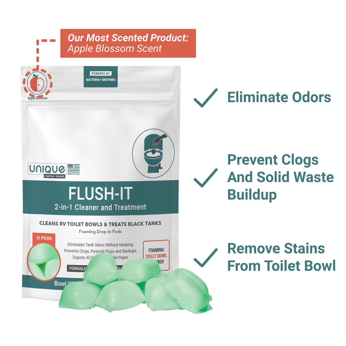 Flush-It 2-in1 Black Tank Treatment and Toilet Cleaner 15 Treatment Drop-In Pods. Unique Camping + Marine