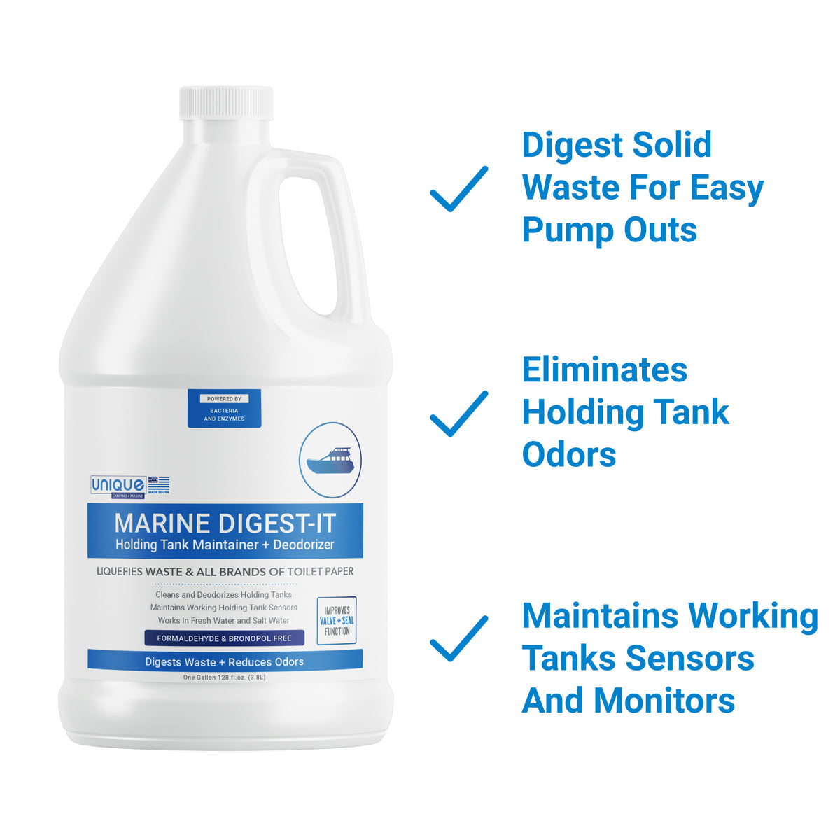 Marine Digest-It Holding Tank Treatment 128 oz. Liquifies waste and Digests all brands of Toilet paper. Unique Camping + Marine