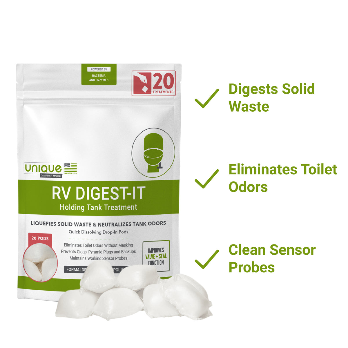 RV Digest-It 20 Drop-In Pods Formulated with Trust- the best RV holding tank treatment. Breakdown solid waste and reduce odors for dry campers. Prevent clogs and odors in your RV, Fifth Wheel, Camper, Motorhome, or Coach