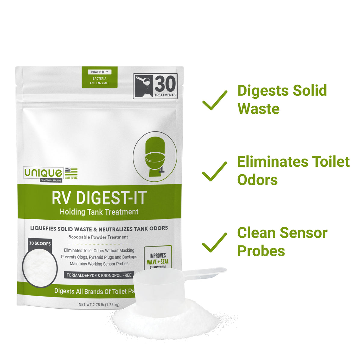 RV Digest-It 30 Treatment Powder Formulated with trust- the best RV holding tank treatment. Breakdown solid waste and reduce odors for dry campers.