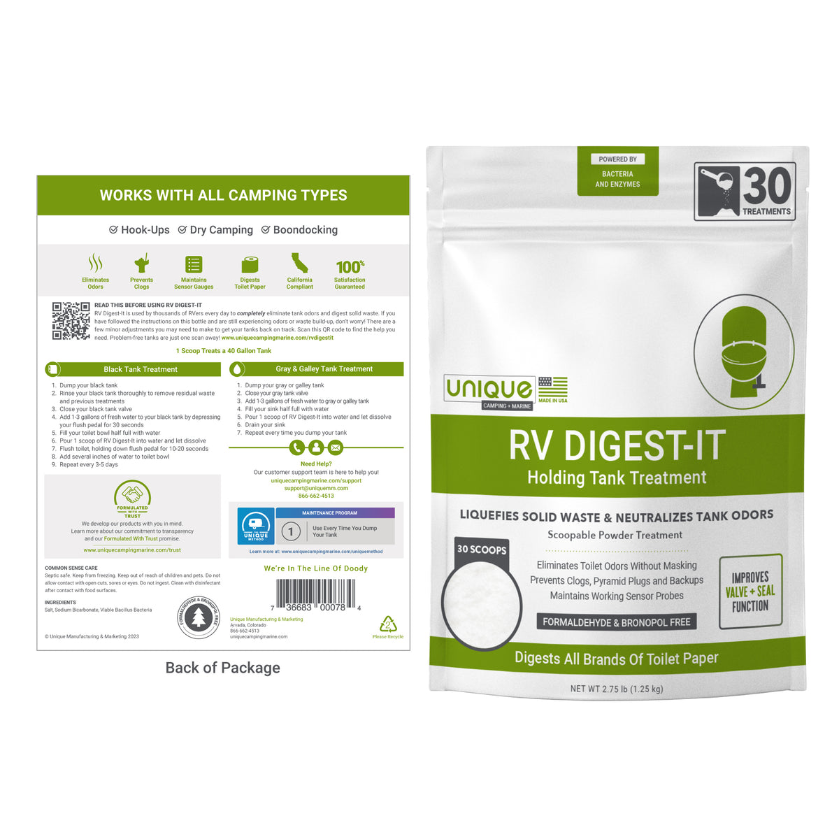 RV Digest-It Powder 30 treatment full label. Unique Camping + Marine