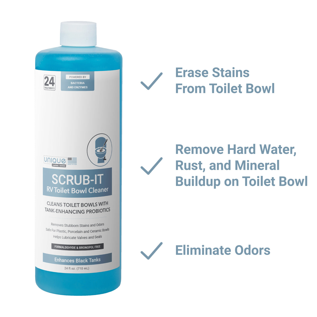 Scrub-It RV Toilet Cleaner. Erase stains, remove hard water, rust, and help eliminate odors. Unique Camping + Marine
