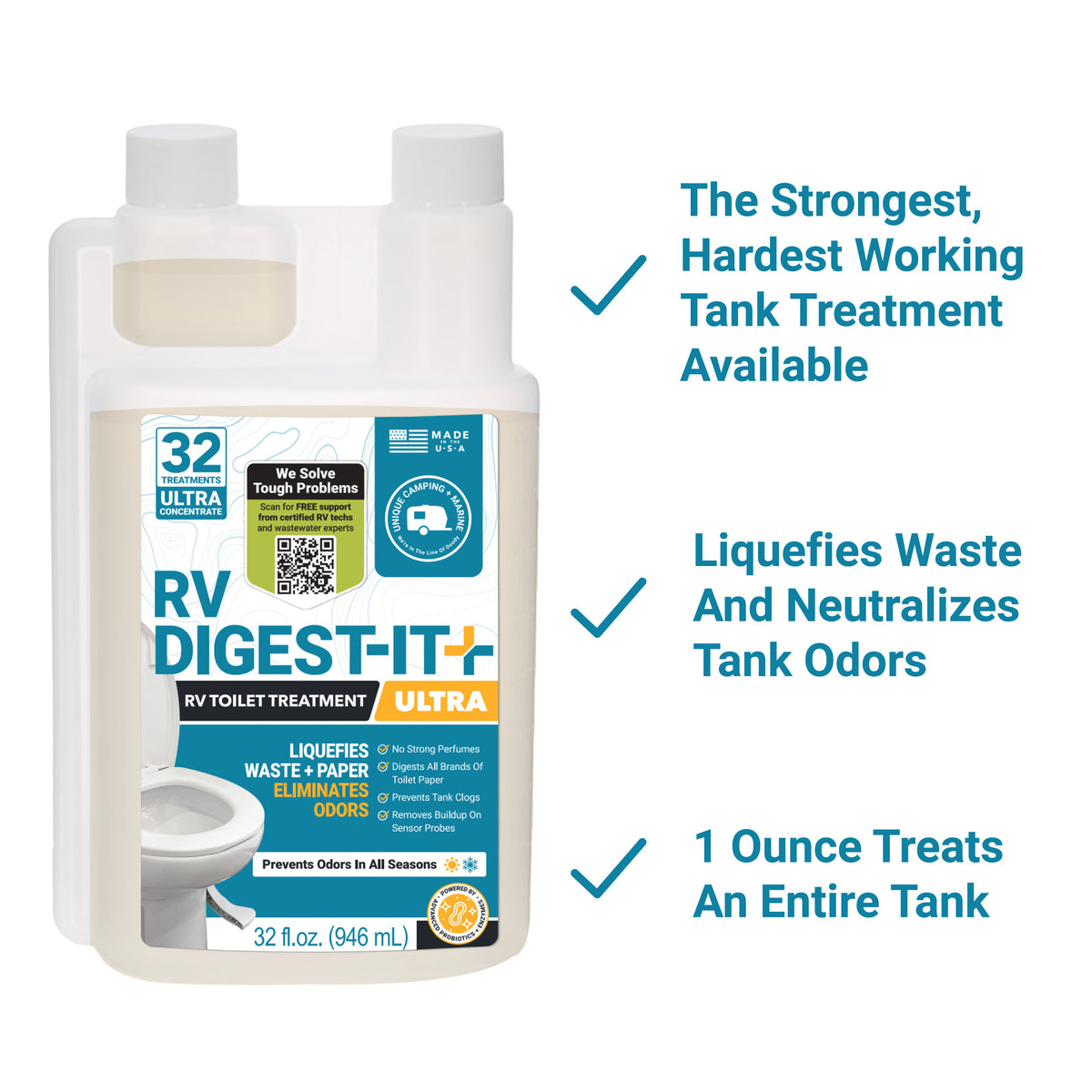 RV Digest-It Ultra bottle with text highlighting its features on a white background