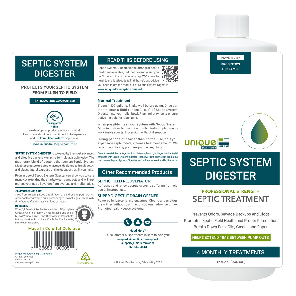 Septic System Digester 32 oz. Septic System Treatment Full Label. Unique Drain + Septic