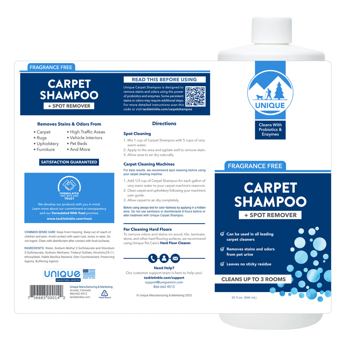 Unique Carpet Shampoo 32 oz. treats spots and stains formulated with trust, bacteria based. Full Label