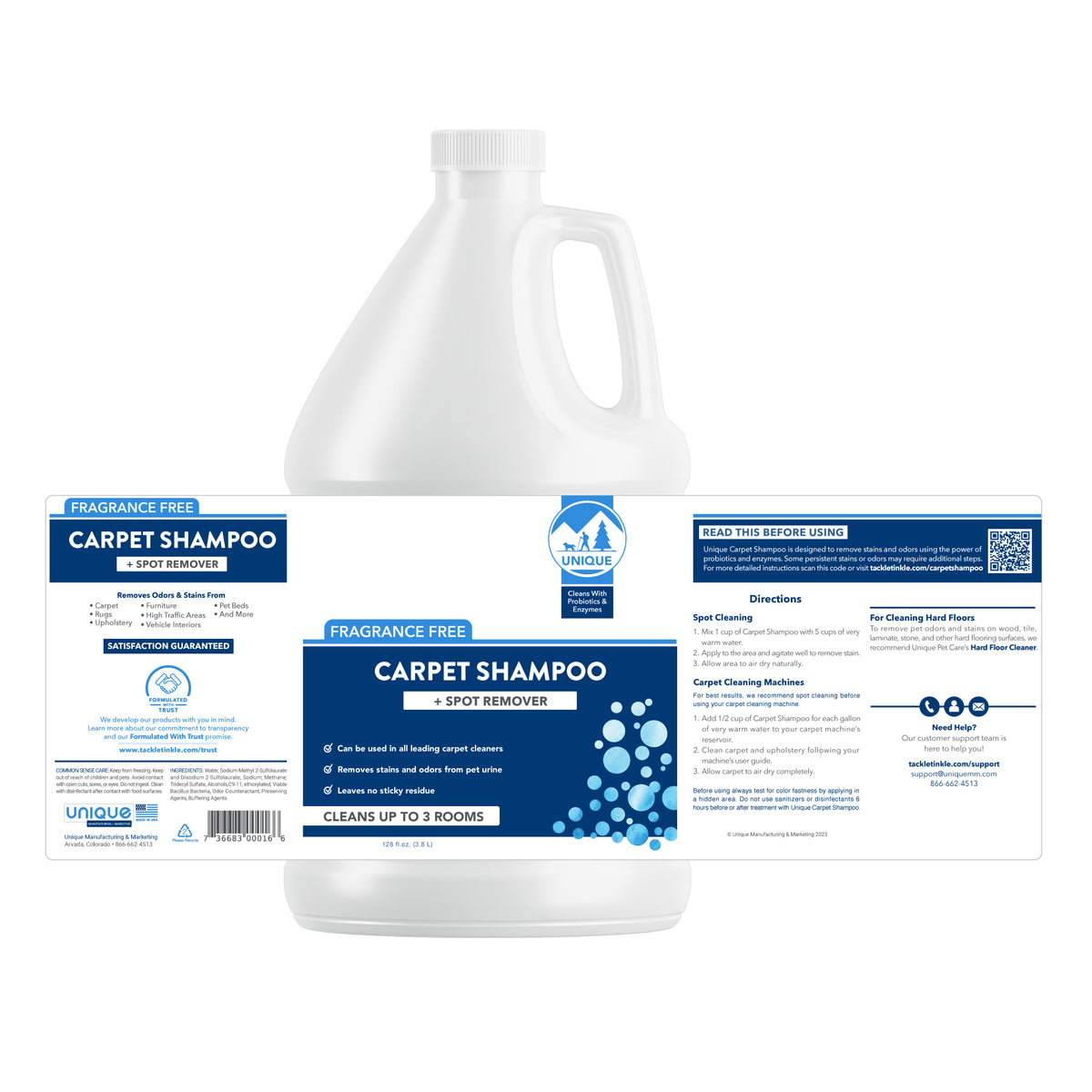 Unique Carpet Shampoo gallon concentrate, remove stains and spots from carpets and rugs, full label