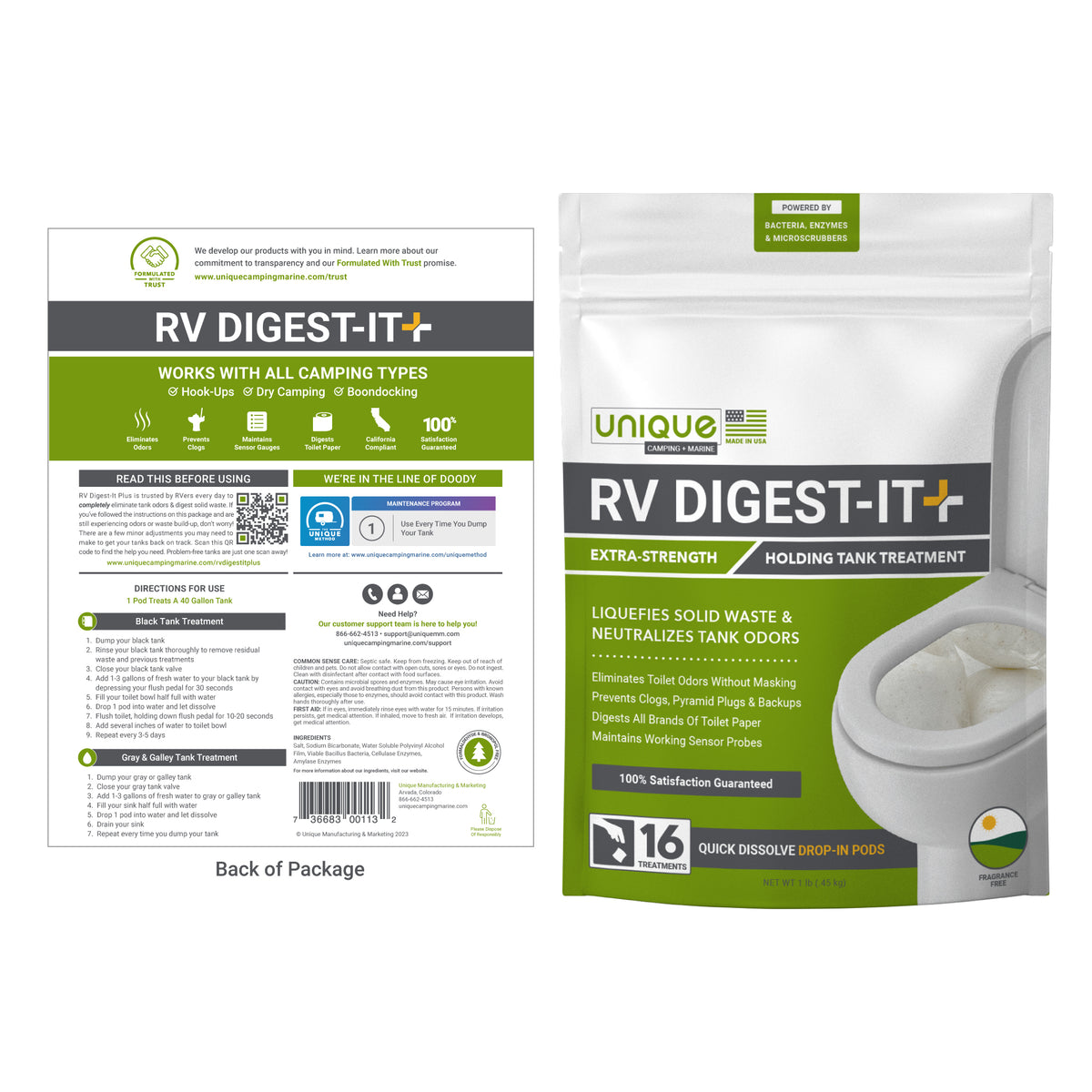 RV Digest-It Plus 16 Treatment Drop-In Pods Extra Strength Holding Tank Treatment Label