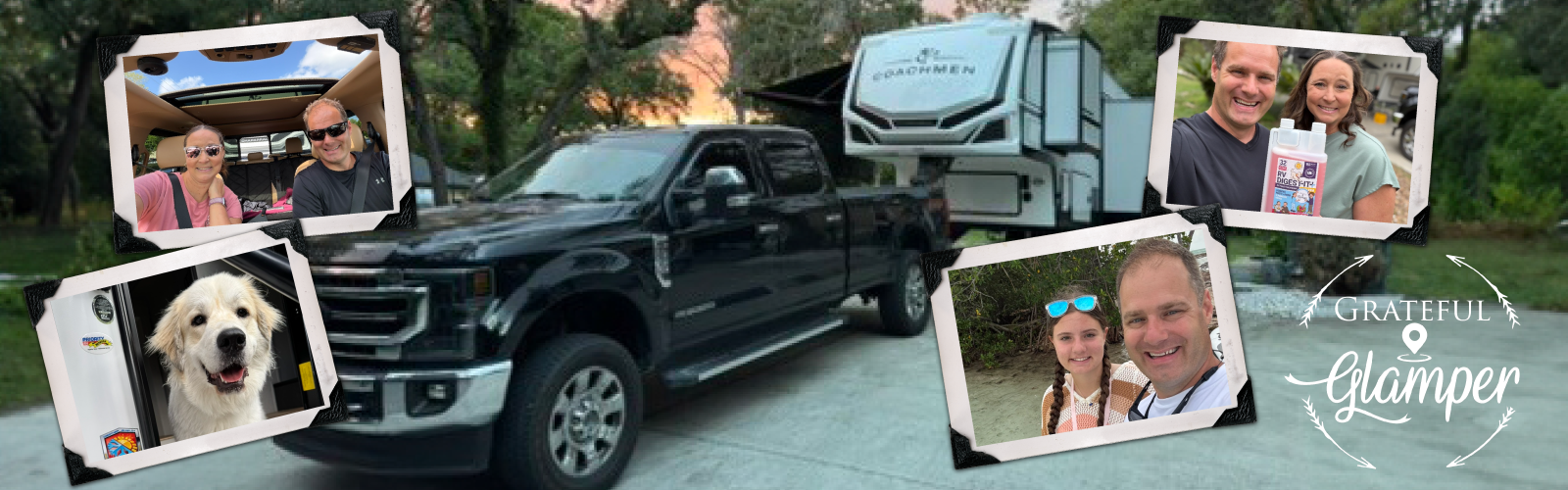 Black truck with RV attachment, surrounded by family photos and 'Grateful Glamper' branding.