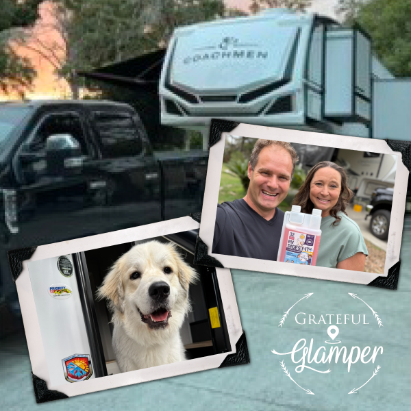 Collage of a truck, RV, and family with a dog, featuring 'Grateful Glamper' branding.